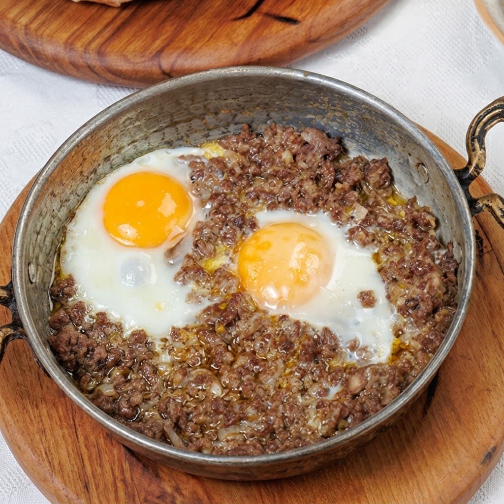 Яичница с жареным мясом